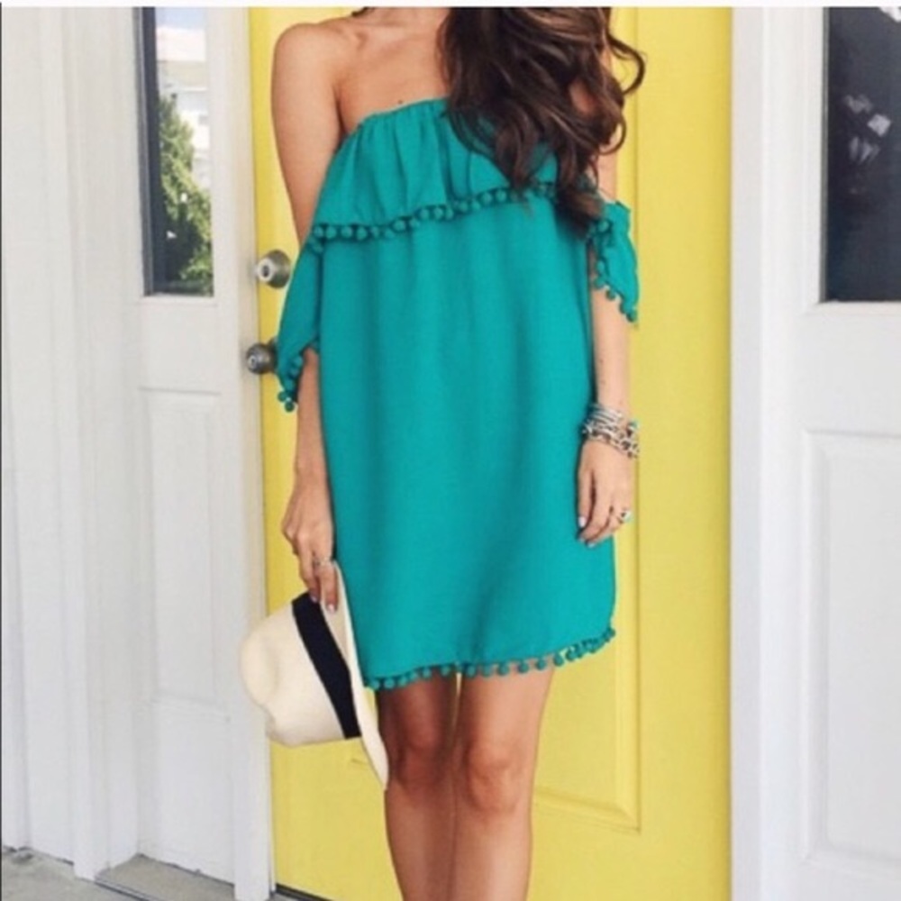 Lovers + Friends Green Villa Pom-Pom Shift Dress